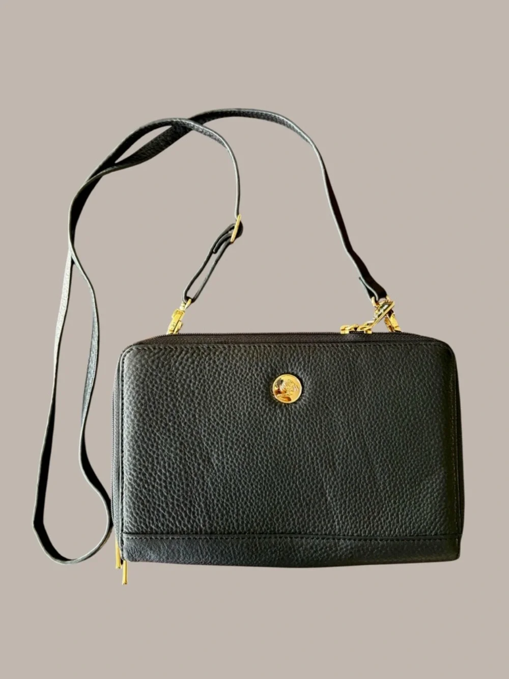 Levenger Black Pebbled Leather Crossbody with Gold Hardware